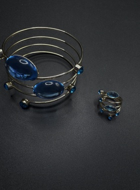 Vintage古著小众波斯蓝复古中古风多层缠绕手镯戒指套装B91653