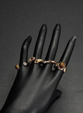 Vintage古著秋冬美拉德虎眼石戒指时尚贵妇气质轻奢手饰H101855