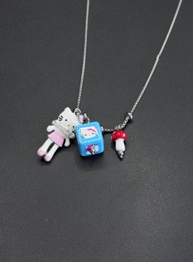 可爱卡通方块kt猫项链女毛衣链小众设计辣妹潮卫衣链R22618