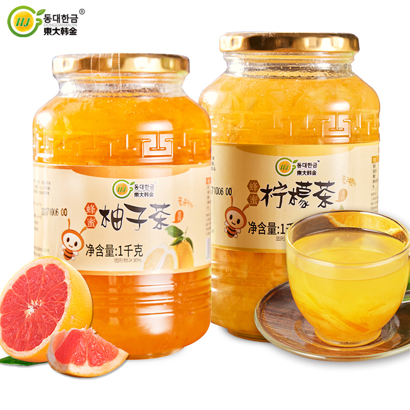 东大韩金旗舰店东大韩金蜂蜜柚子茶+柠檬茶1kg*2韩式水果茶酱冲泡水喝的冲饮品0