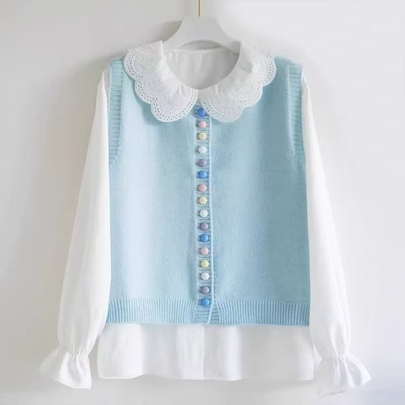 甜美可爱装彩扣针织马甲钩花娃娃领衬衫女春季新款叠穿上衣,淘宝优惠券,粉丝福利购,淘宝优惠卷