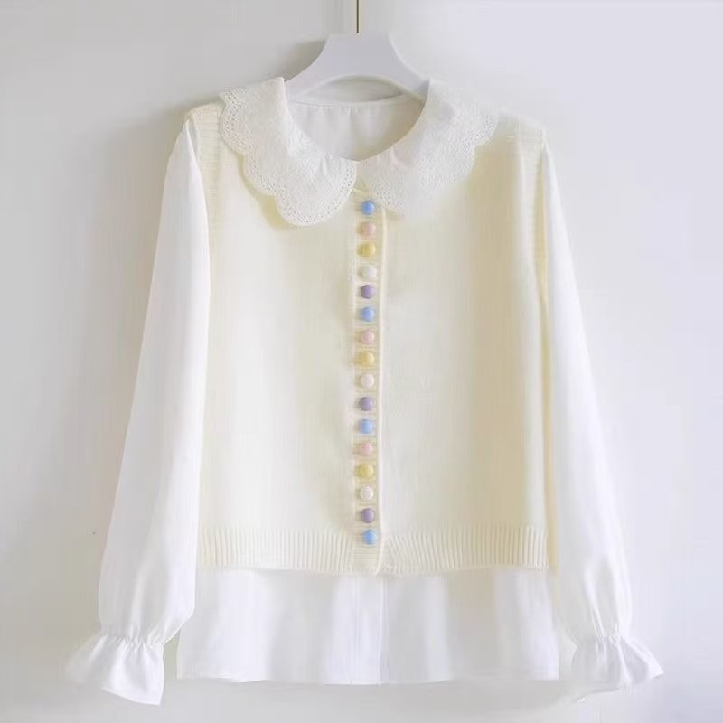 甜美可爱装彩扣针织马甲钩花娃娃领衬衫女春季新款叠穿上衣,淘宝优惠券,粉丝福利购,淘宝优惠卷