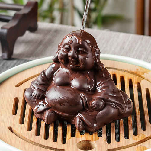 紫砂小号迷你弥勒佛小和尚笑面佛弥陀发财小佛像可养茶宠雕塑摆件 - 图1