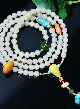 天然玉石和田羊脂白玉冰清玉洁优雅女款108颗4圈手链项链两用6MM