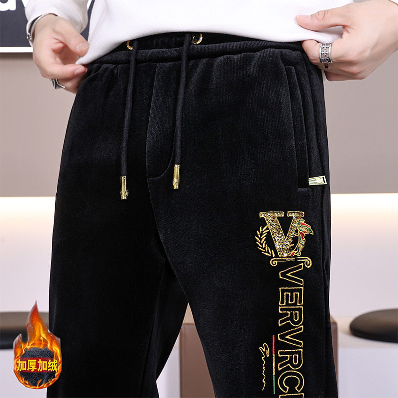欧货冬季新款男士丝绒刺绣加绒卫裤时尚修身保暖百搭男休闲裤长裤,淘宝优惠券,粉丝福利购,淘宝优惠卷
