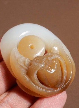 方言和田玉新疆且末料高脂糯羊脂糖白玉莲花子母平安扣吊坠s11