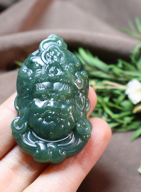 俄罗斯老坑料阳绿碧玉黄财神吊坠