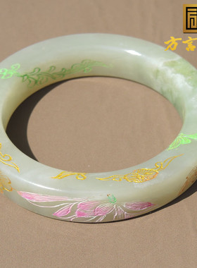 和田青海料带翠花开富贵描金手镯