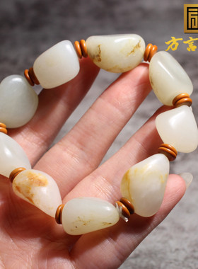 新疆玉龙河黄褐皮白玉籽原石手链