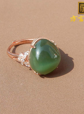 罕见方言精品和田玉放漏俄罗斯老坑料灵活猫眼碧玉银镶玉戒指s10