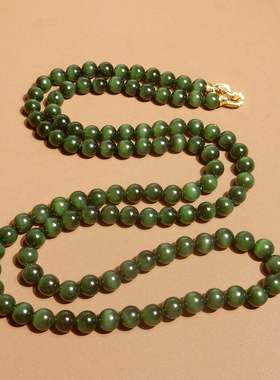 俄料菠菜绿碧玉8mm绿猫眼108项链
