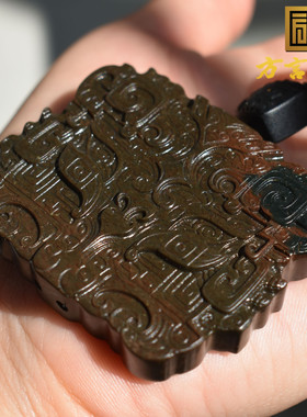 方言和田玉新疆塔县塔青一眼真牛毛纹双色红沁双色双面饕餮牌子R1