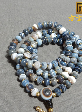 方言品牌精品特色罕见藏式蓝沁缠丝老玛瑙算盘珠多圈手串项链X1