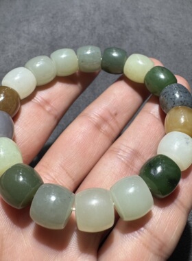 绝美方言和田玉俄料碧玉且末黄口糖白青花烟紫多宝12mm直切手串S6