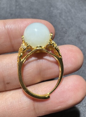 方言和田玉老坑青海料起荧光带猫眼精品S925镶嵌可旋转活口戒指S