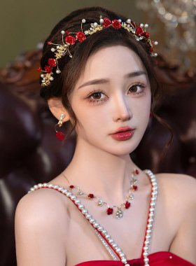 敬酒服头饰新款结婚新娘发饰简单大气红色发箍婚纱礼服晨袍配饰品