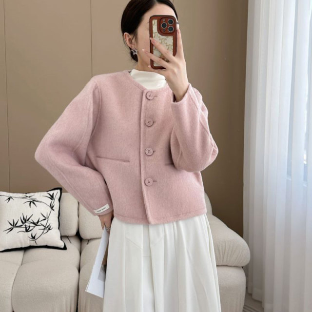 气质双面羊毛大衣女短款2025新款单排扣双面呢圆领小香风毛呢外套