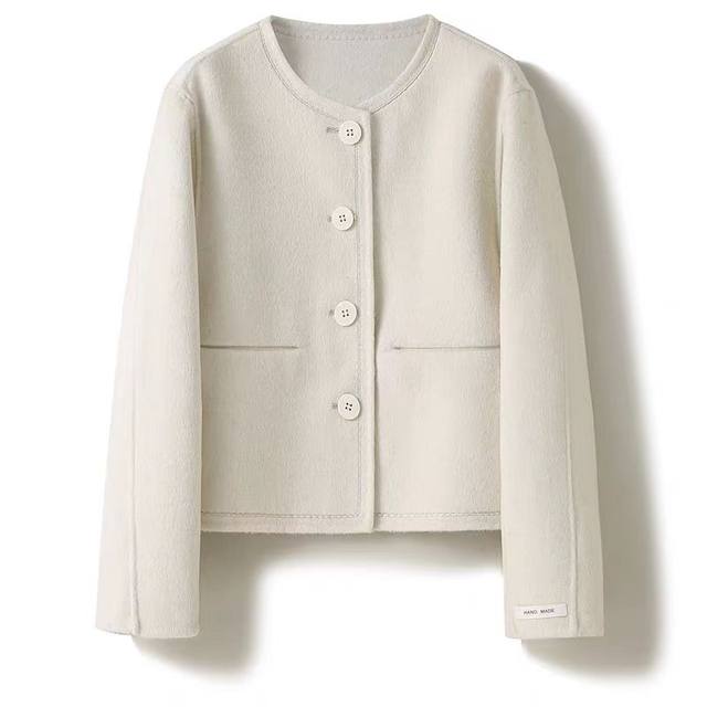 气质双面羊毛大衣女短款2025新款单排扣双面呢圆领小香风毛呢外套