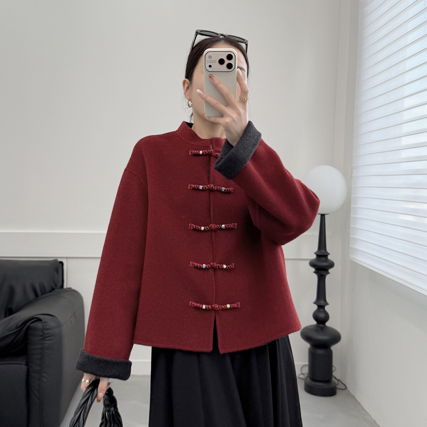 新中式粉色双面羊毛大衣女短款2025新款国风盘扣立领撞色毛呢外套,淘宝优惠券,粉丝福利购,淘宝优惠卷