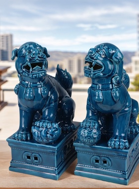 国风孔雀蓝兰狮子狗桌面落地摆件