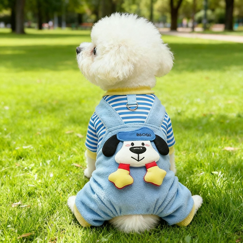 狗狗衣服秋冬新款背带比熊泰迪博美卡通条纹可牵引猫咪保暖四脚衣 - 图0