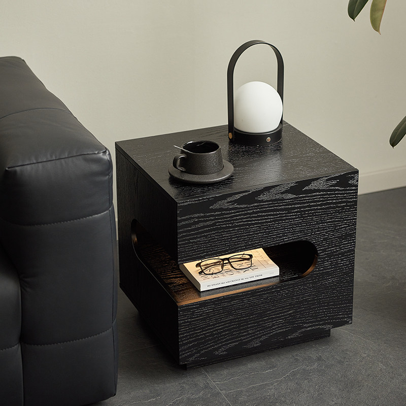 意式极简实木床头柜卧室家用创意悬浮式床边柜带灯黑色收纳储物柜 - 图3