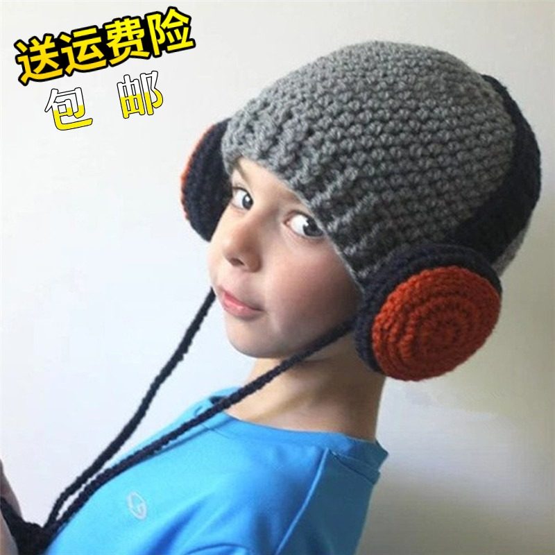 休闲毛线帽手工编织毛线耳机帽欧美街头时尚创意秋冬护耳儿童帽子,淘宝优惠券,粉丝福利购,淘宝优惠卷