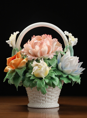 东方泥土 《花开锦绣》非遗手工瓷花花篮摆件 中式客厅博古架装饰