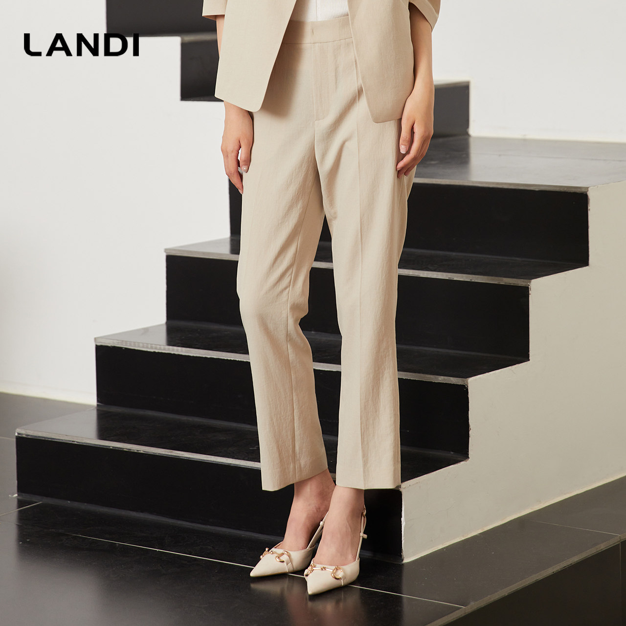 LANDI蓝地白茶色通勤修身显瘦直筒高腰西装裤女小个子长裤秋新品,淘宝优惠券,粉丝福利购,淘宝优惠卷