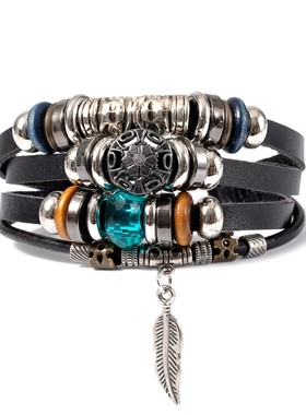 Couple Multi layer Beaded Leather Wood Bead Bracelet民族手链