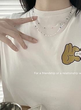 S925纯银彩色串珠设计感锁骨链女