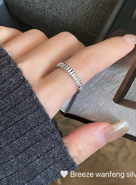 S925纯银竖条纹基础款戒指女韩国复古简约ins小众设计高级感指环