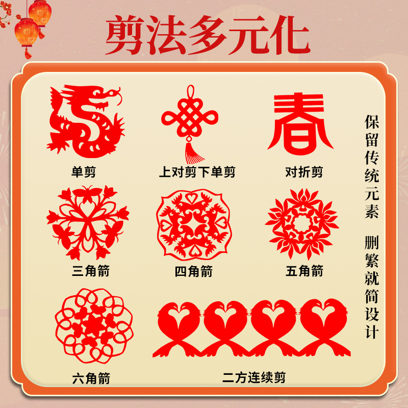 非遗剪纸中国风艺术套装半成品蛇年新年春节元旦窗花红纸福字十二生肖图案底稿儿童益智手工入门创意幼儿园