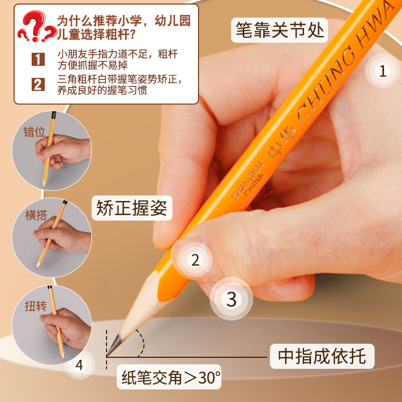 中华大三角HB铅笔粗杆2b小学生专用一年级中华牌正姿加粗二年级学生儿童幼儿园初学者矫正握姿粗三角杆三角形-图1