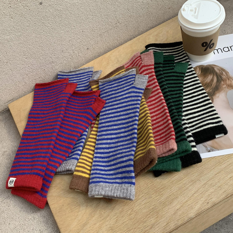 2022年新款条纹撞色针织露指半指手套女冬季 保暖针织袖子手臂套,淘宝优惠券,粉丝福利购,淘宝优惠卷