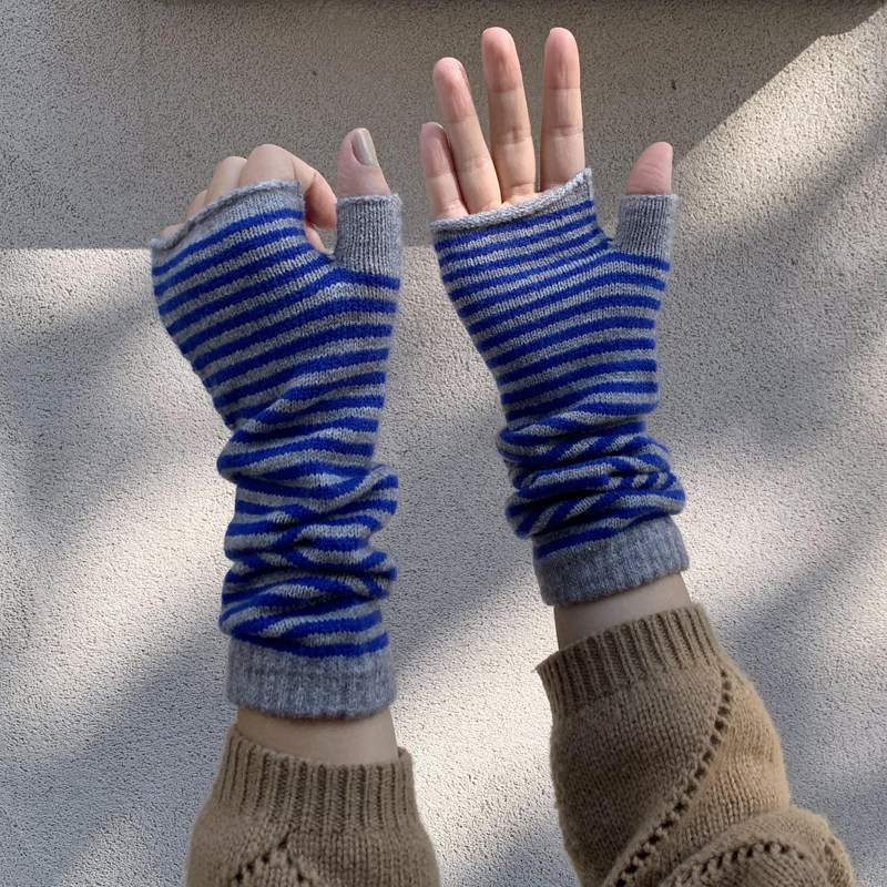 2022年新款条纹撞色针织露指半指手套女冬季 保暖针织袖子手臂套,淘宝优惠券,粉丝福利购,淘宝优惠卷