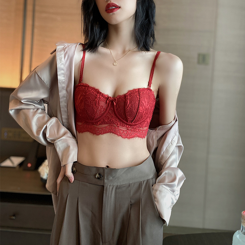 祺蕾旗舰店大胸显小文胸薄款收副乳防下垂胸罩红色结婚新娘本命年内衣套装女2