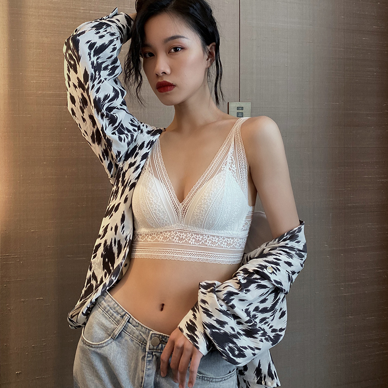 祺蕾旗舰店背心式内衣女夏季薄款舒适无钢圈法式性感白色蕾丝大胸显小文胸罩1