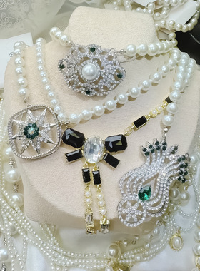 现货个性夸张复古合金镶钻珍珠毛衣链女轻奢小众气质长款项链