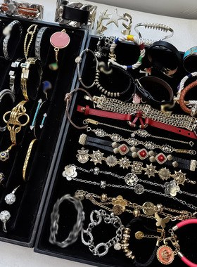 外贸复古金属风个性厚金保色镶钻手镯女时尚做旧手链手环混发