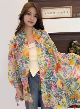 莫奈花园棉麻围巾女靓丽百搭田园碎花春夏百搭防晒旅游披肩沙滩巾