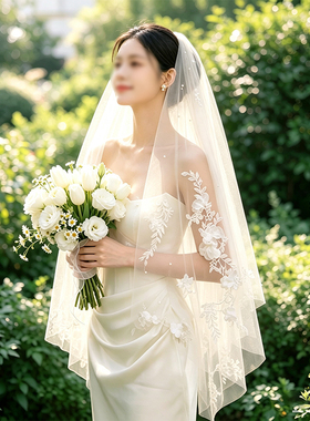 法式珍珠蕾丝头纱新娘主婚纱绝美