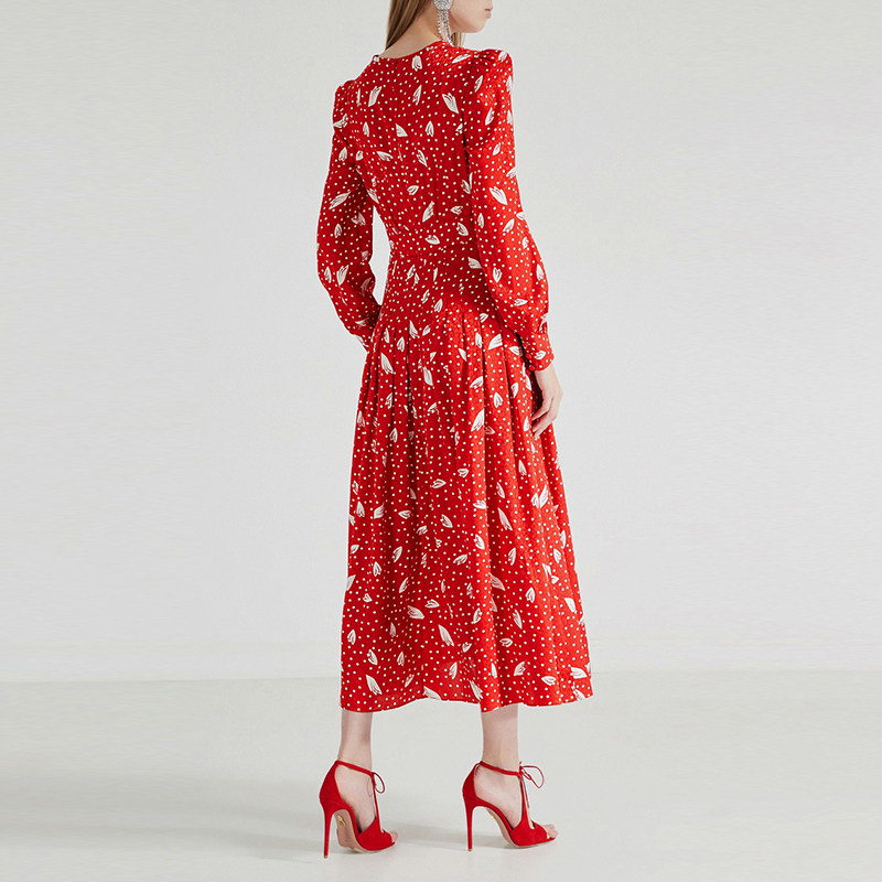 法式红色连衣裙女波点印花裙显瘦褶皱裙子气质茶歇长裙轻奢高级感,淘宝优惠券,粉丝福利购,淘宝优惠卷