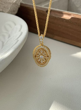 纯银复古布契风四叶草椭圆形项链