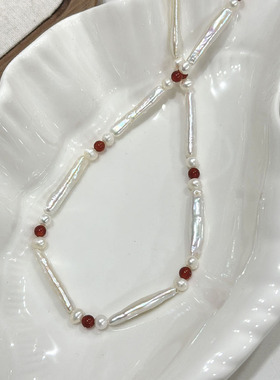 纯银巴洛克珍珠红玛瑙拼接锁骨链