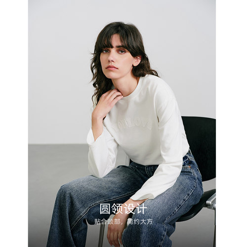[100%绵]KBNE设计感圆领磨毛白色t恤女2025冬季新款长袖别致上衣 - 图0