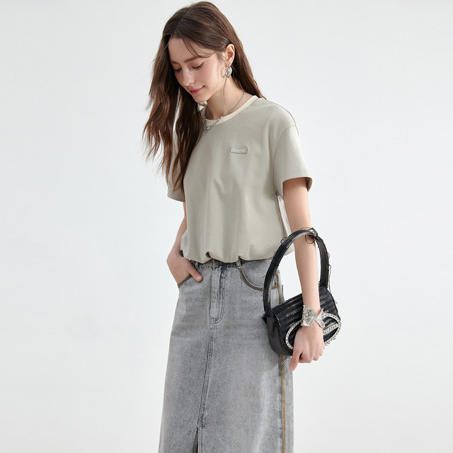 KBNE gray green flower bud short-sleeved shirt bottoming shirt 2025 summer new versatile design round neck top women's clothing