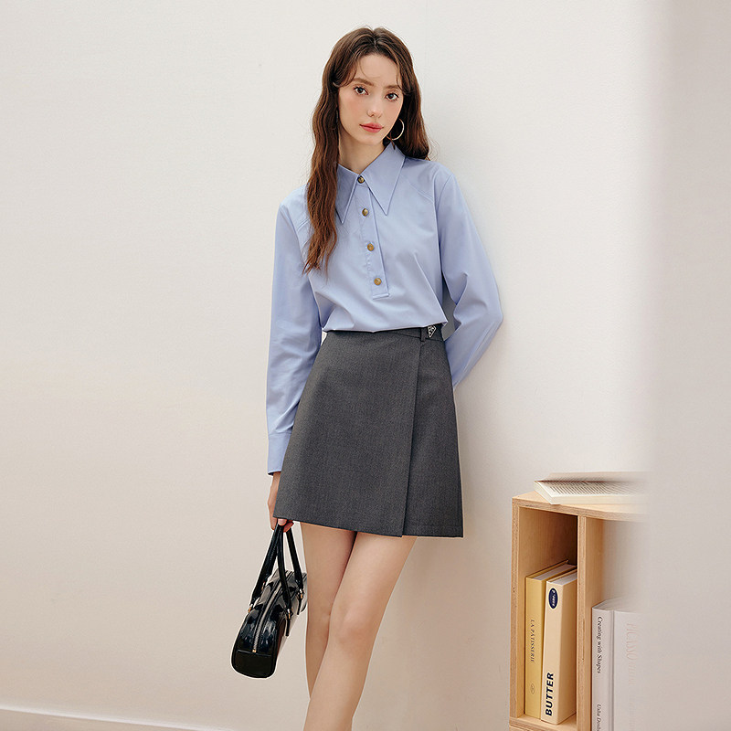 KBNE2025新款蓝色长袖翻领直筒衬衫今年流行甜美衬衣气质上衣春秋