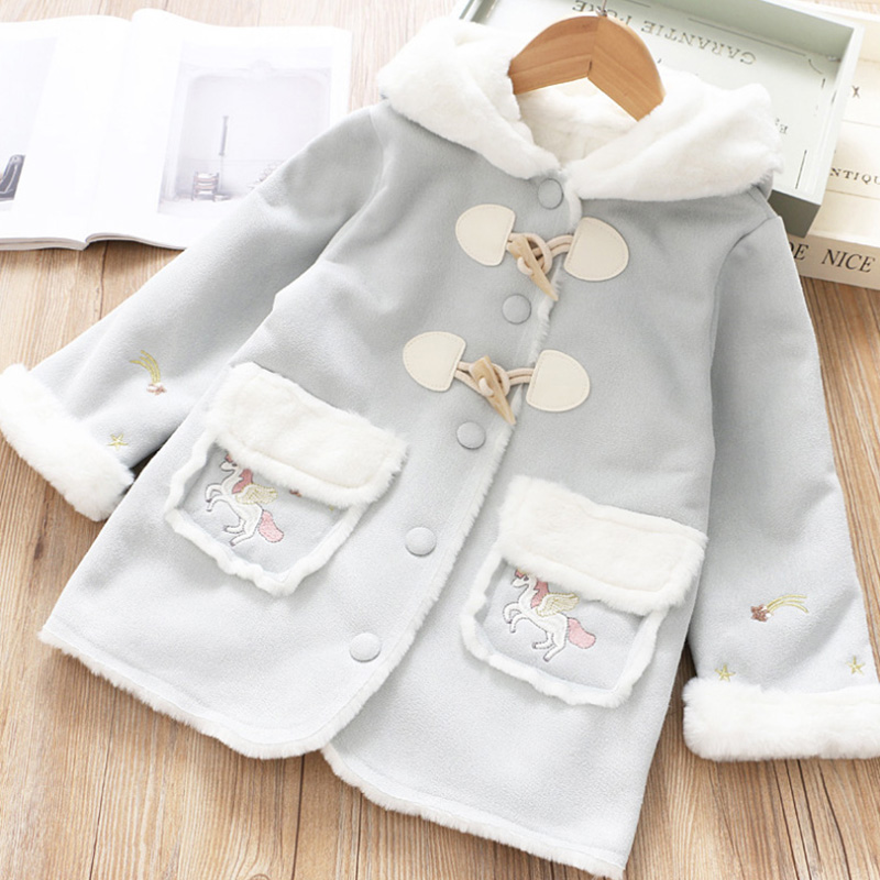 女童外套加绒秋冬季新款韩版洋气中长款卡通鹿皮绒上衣儿童大衣