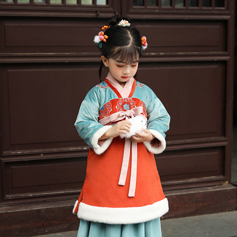 汉服女童冬装襦裙加厚加棉古风超仙中国风套装裙小女孩宝宝拜年服-图2